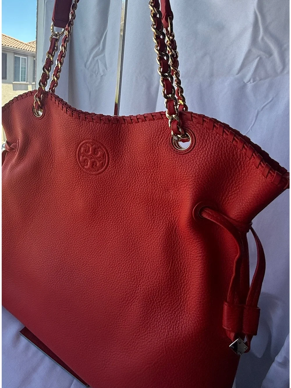 Authentic Tory Burch Marion Chain Slouchy Tote – Pebbled Leather